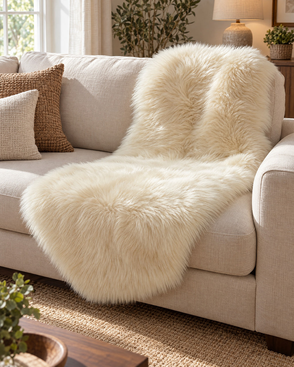 Cream: The Faux Sheepskin Rug, Cream, 2.8 in Fluffy Pile draped over a sofa