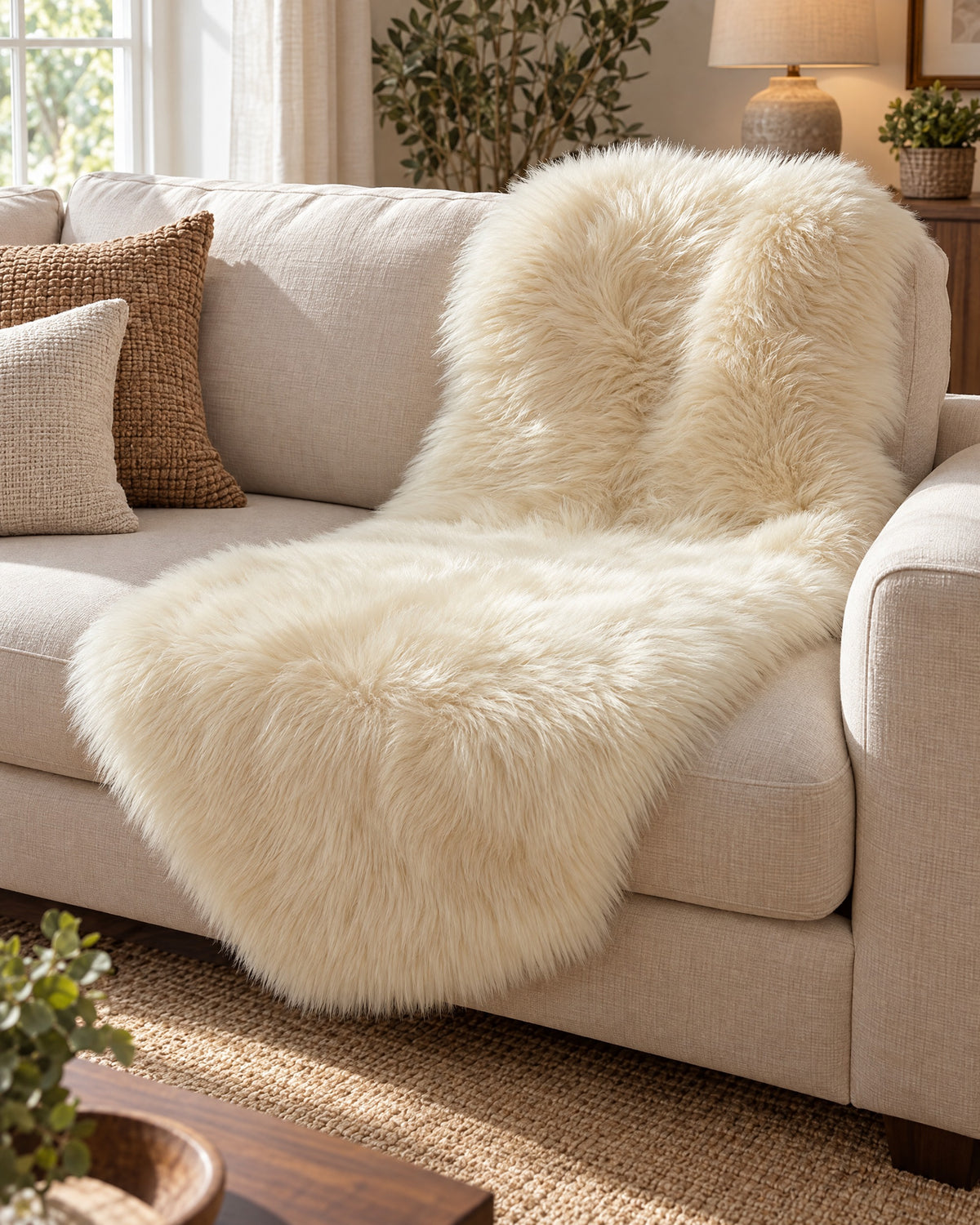 Cream: The Faux Sheepskin Rug, Cream, 2.8 in Fluffy Pile draped over a sofa