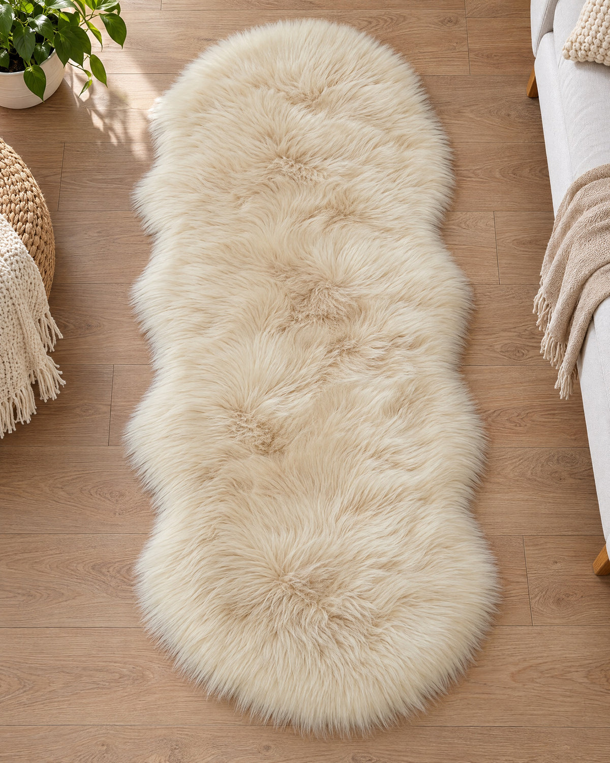 Cream: The Faux Sheepskin Rug, Cream, 2.8 in Fluffy Pile seen flat from above