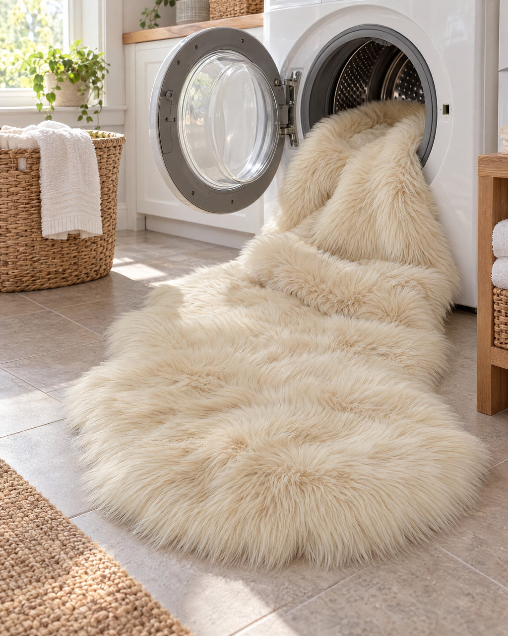 Cream: The Faux Sheepskin Rug, Cream, 2.8 in Fluffy Pile going into a washing machine