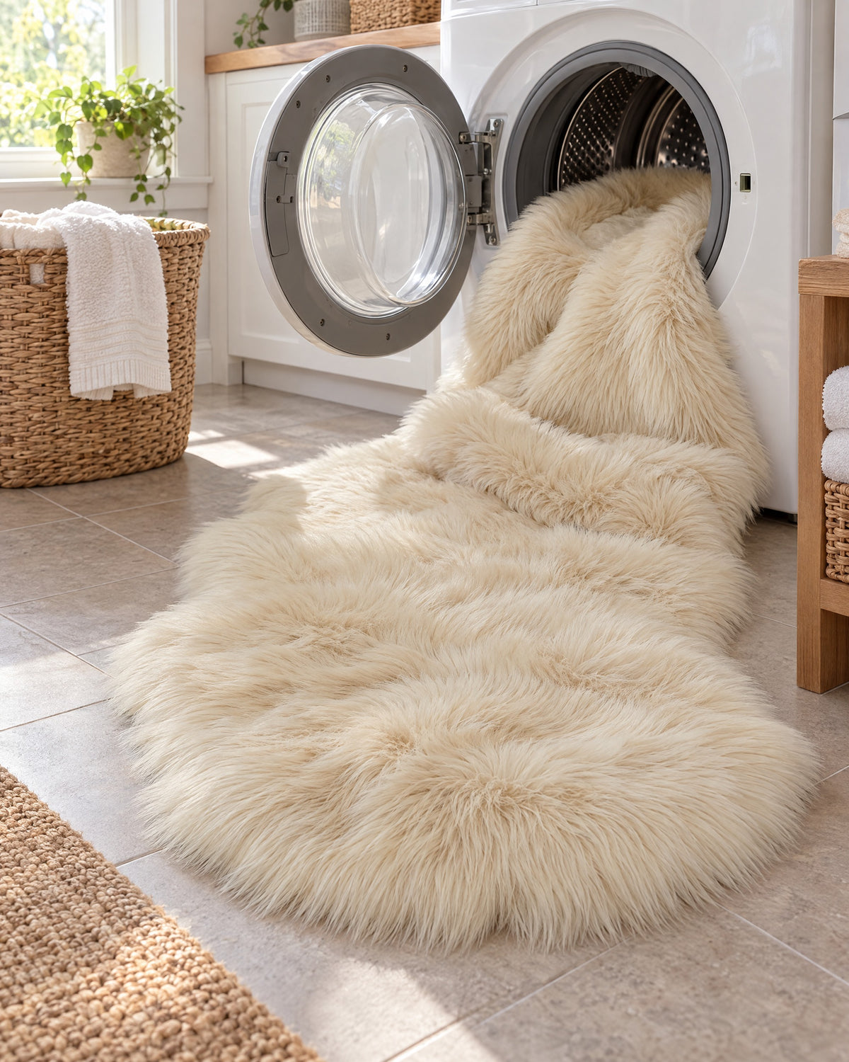 Cream: The Faux Sheepskin Rug, Cream, 2.8 in Fluffy Pile going into a washing machine