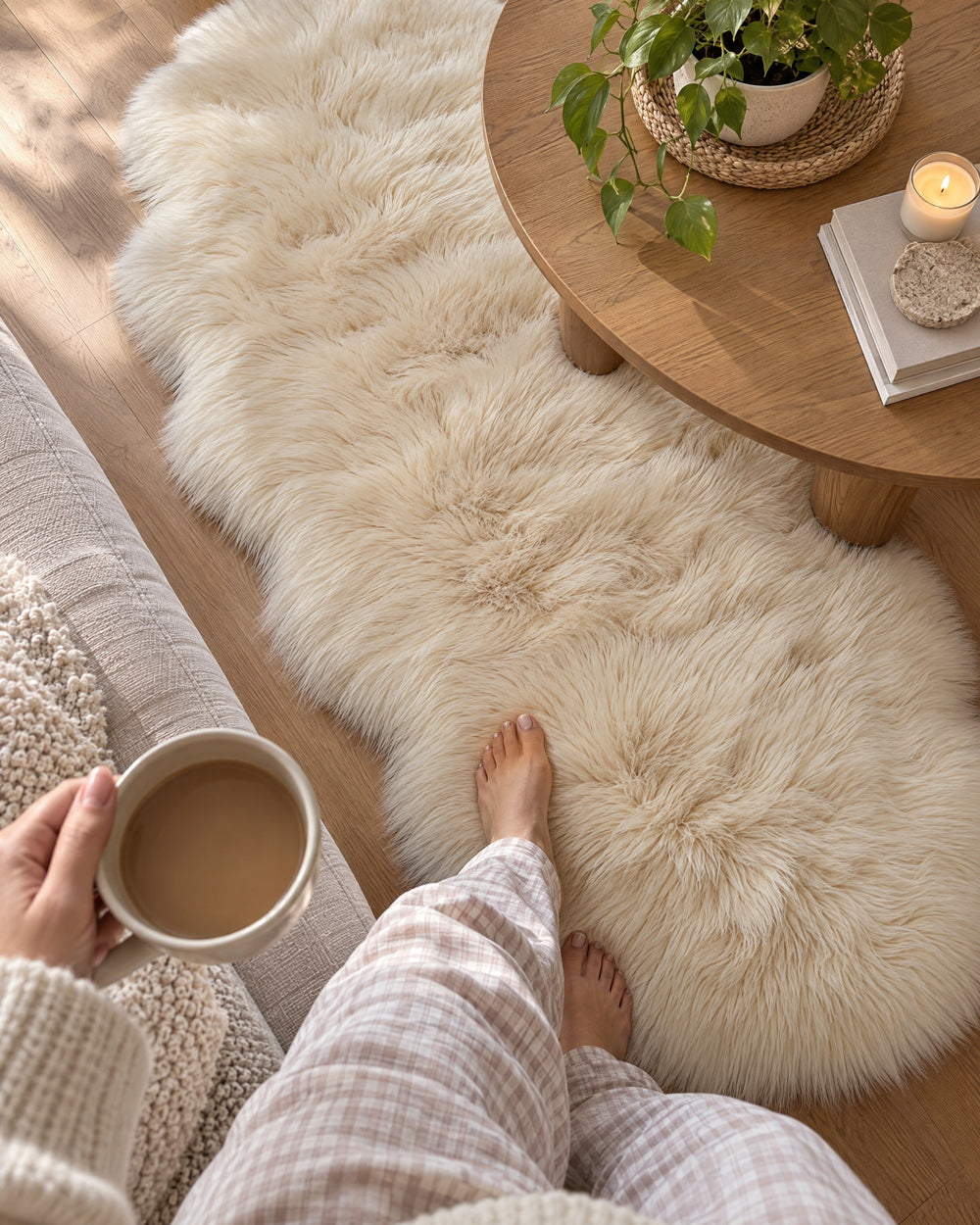 Faux Sheepskin Rug, Cream, 2.8 in Fluffy Pile in a real home, in use