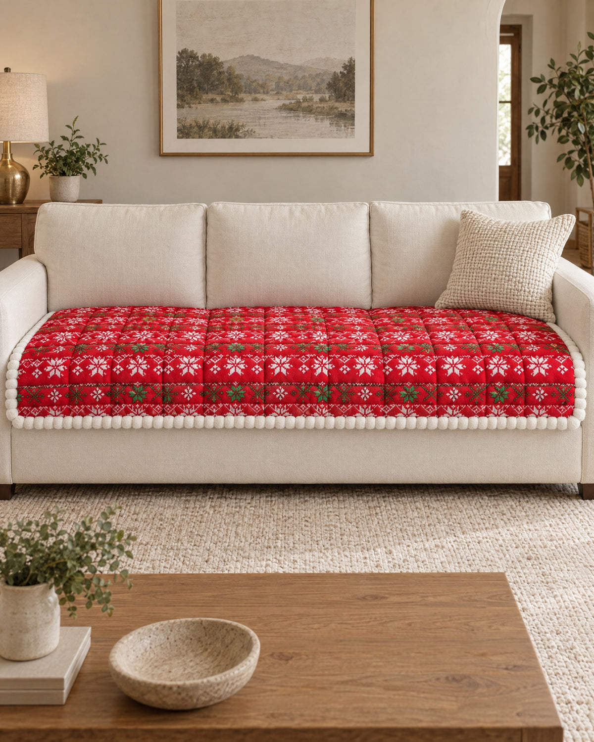 Festive Red: Festive Holiday Winter Sofa Cover shown on a full sofa
