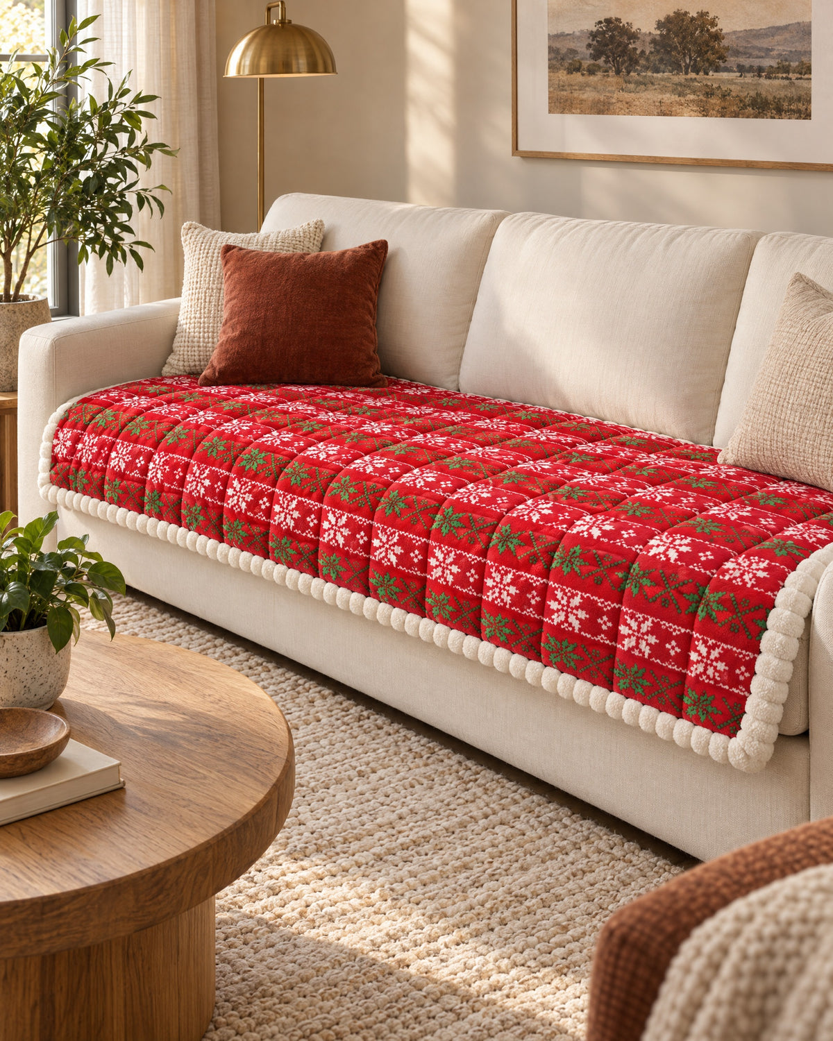 Festive Red: Festive Holiday Winter Sofa Cover in a warm living room