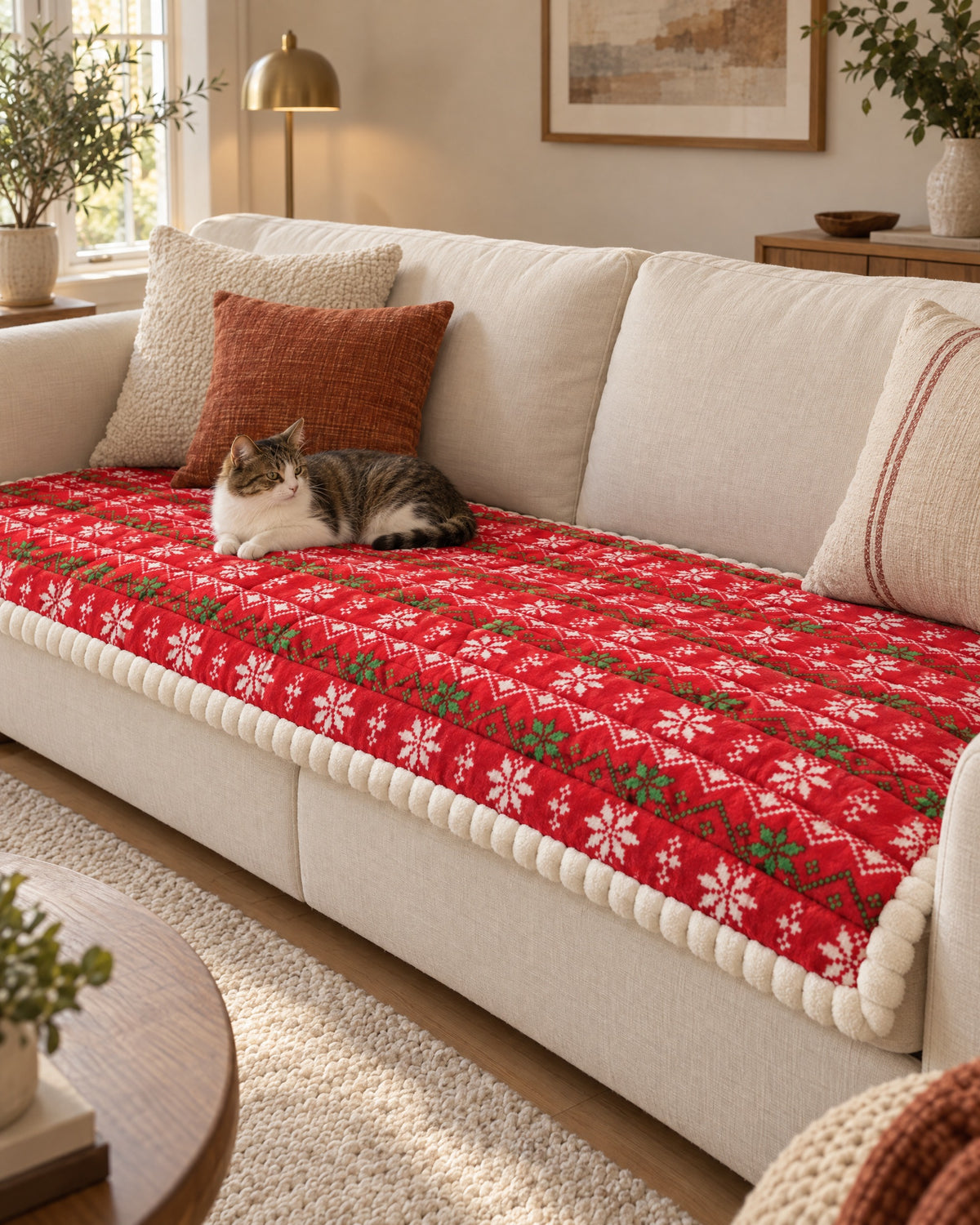 Festive Red: A cat resting on the Festive Holiday Winter Sofa Cover