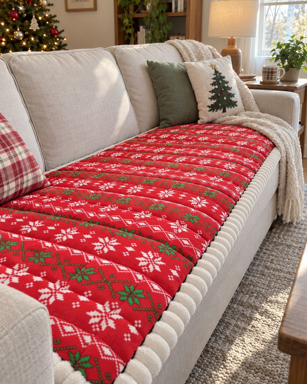 Festive Holiday Winter Sofa Cover in a real home