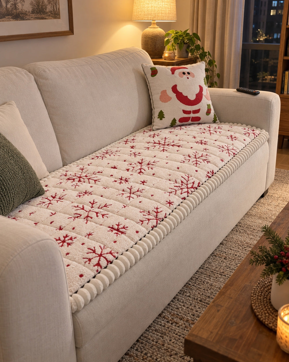 Festive Holiday Winter Sofa Cover in a real home
