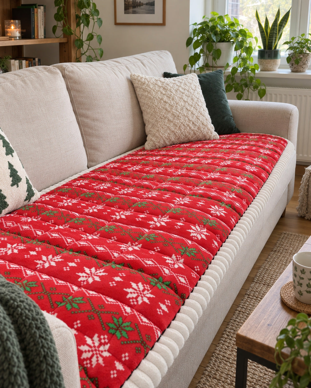 Festive Holiday Winter Sofa Cover in a real home