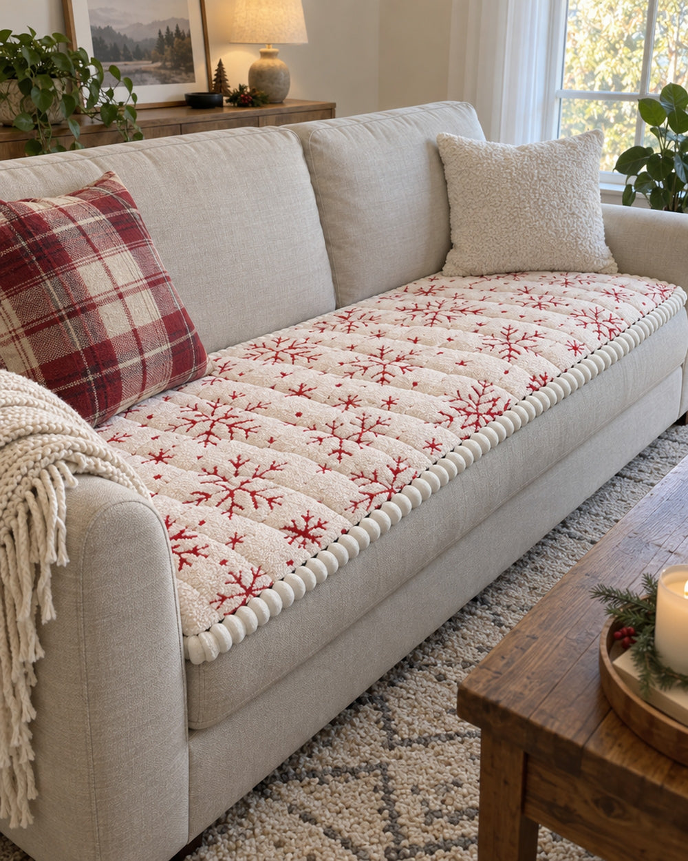 Festive Holiday Winter Sofa Cover in a real home