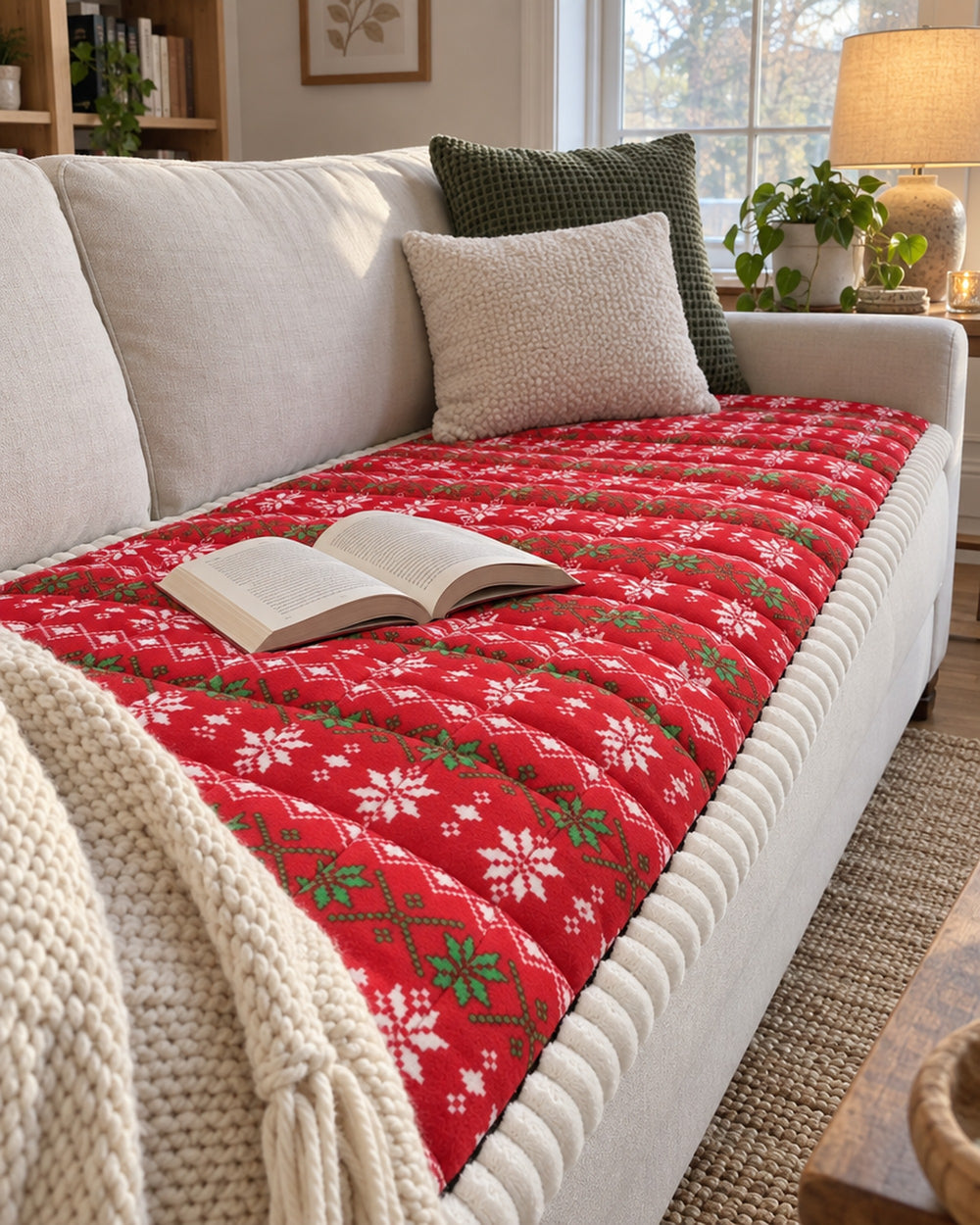 Festive Holiday Winter Sofa Cover in a real home