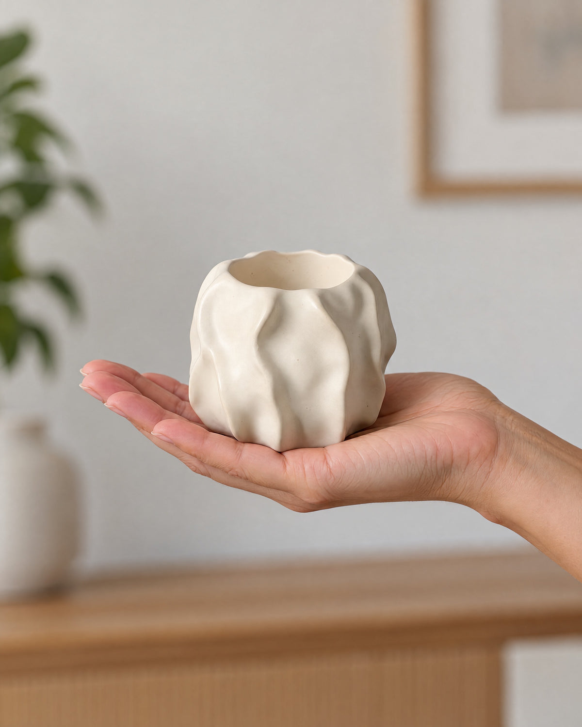 Low & Wide: Wave Abstract Ceramic Candle Holder shown at true scale