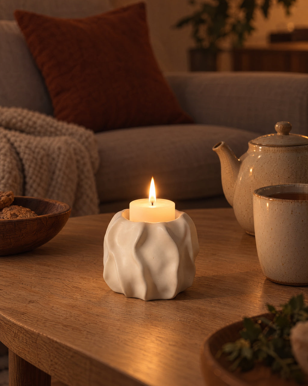 Low & Wide: Wave Abstract Ceramic Candle Holder, lit, in a lived-in evening scene