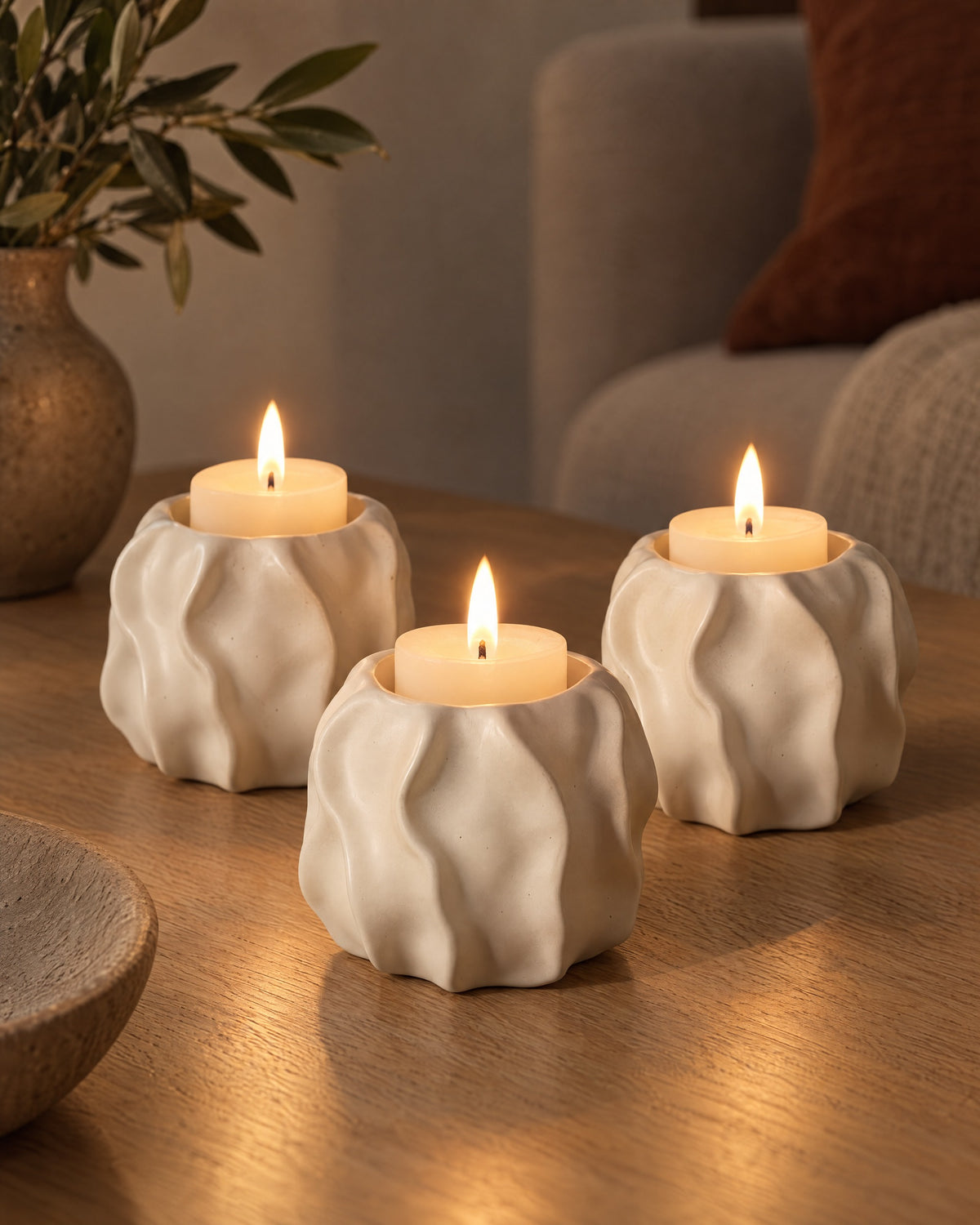 Low & Wide: Wave Abstract Ceramic Candle Holder, three styled together with lit candles