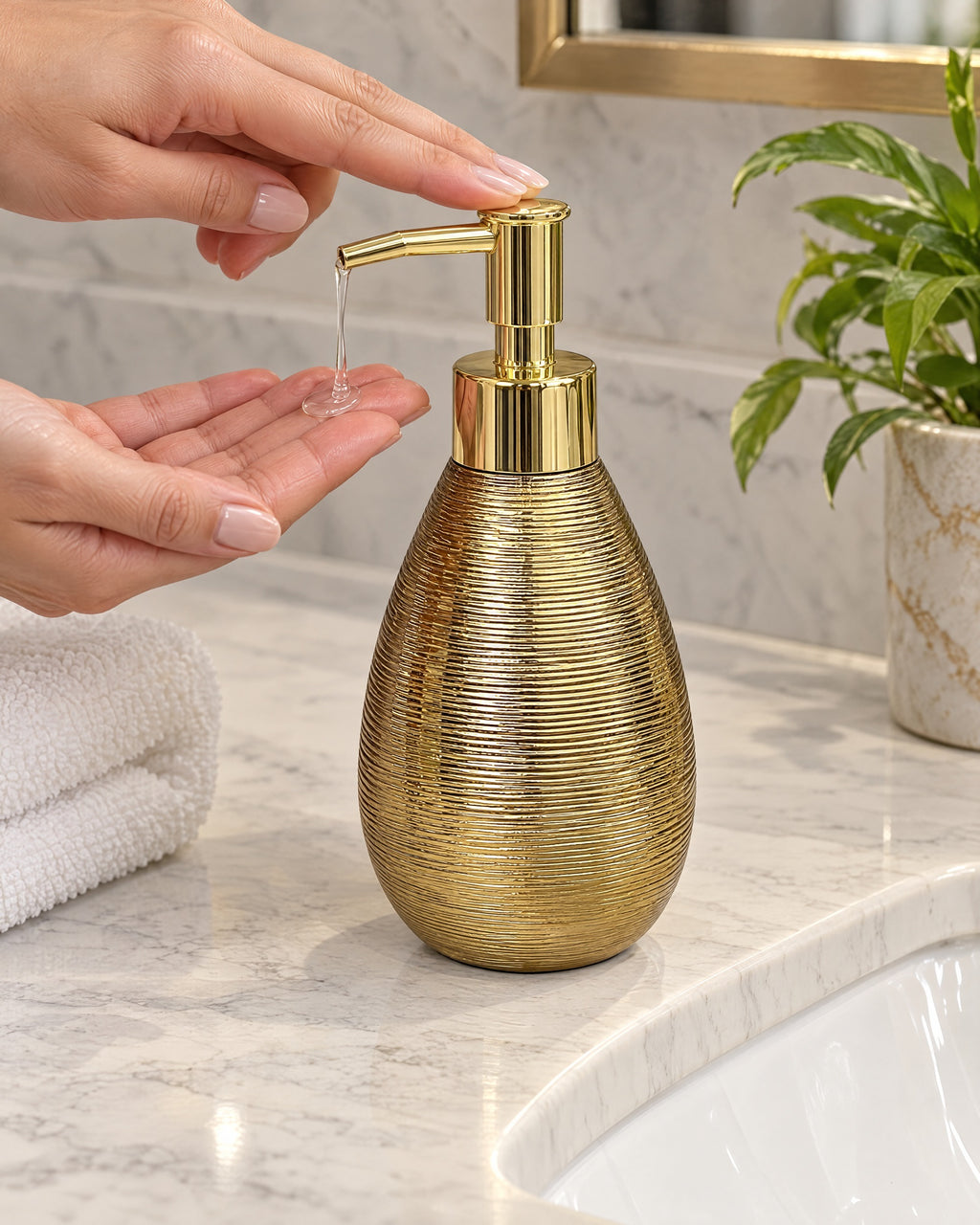 A hand pressing the pump of the Teardrop Soap Dispenser, Ceramic, Brushed Gold