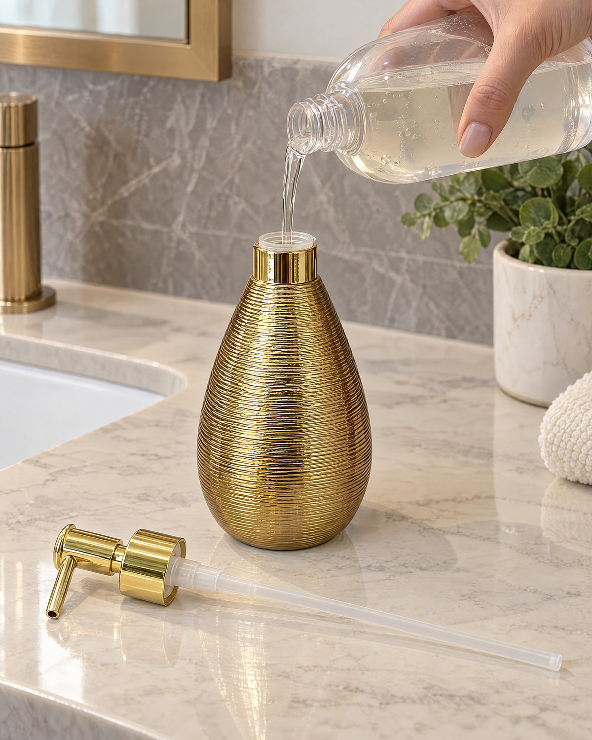The Teardrop Soap Dispenser, Ceramic, Brushed Gold being refilled, pump set aside