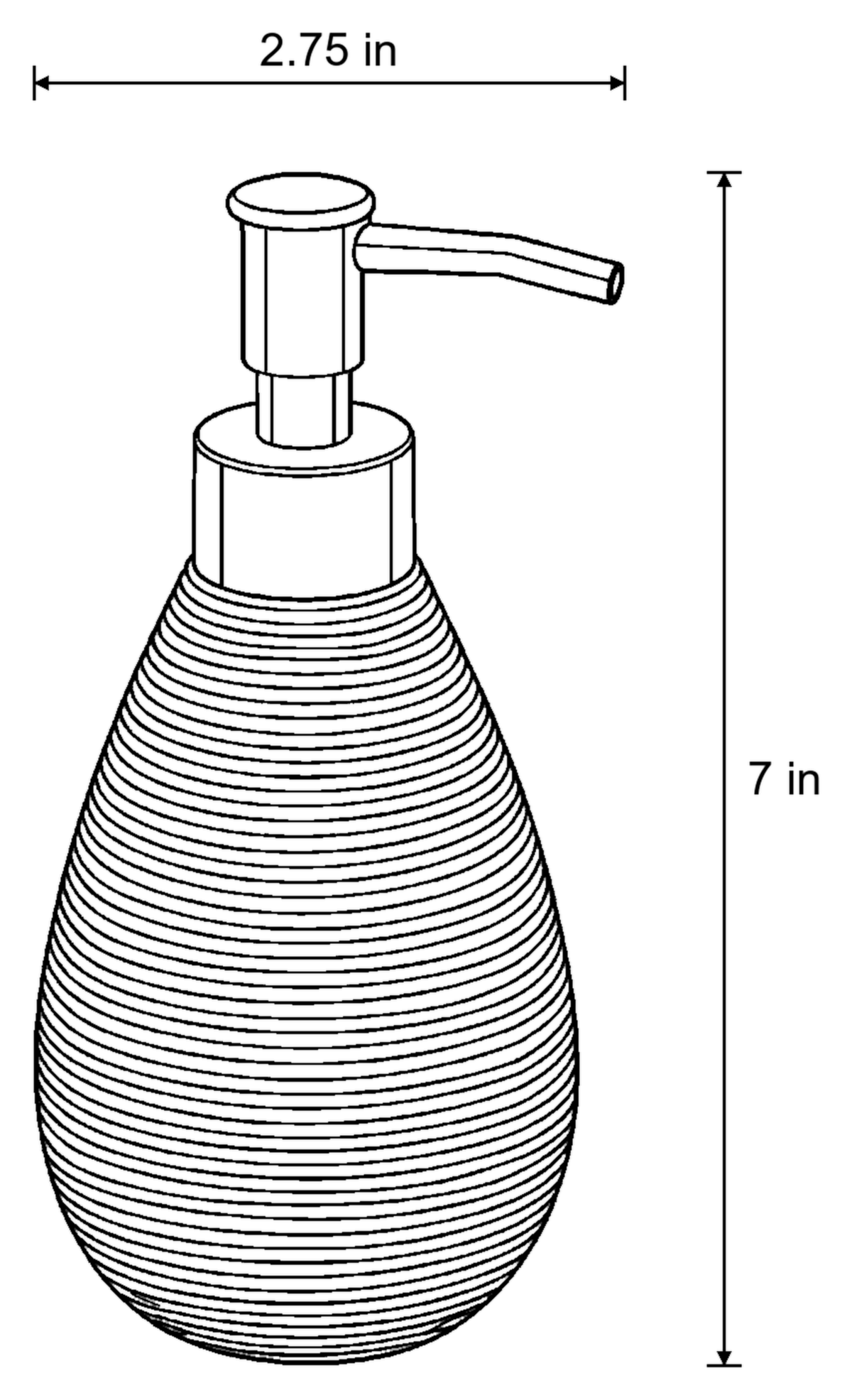 Dimensions sketch of the Teardrop Soap Dispenser, Ceramic, Brushed Gold with measurements