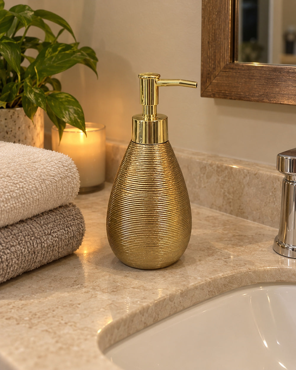 Teardrop Soap Dispenser, Ceramic, Brushed Gold in a real home