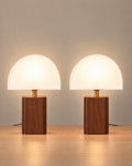 White: Halvo Half Dome Walnut Nightstand Lamp, Set of 2, both lamps switched on