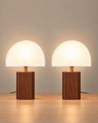 White: Halvo Half Dome Walnut Nightstand Lamp, Set of 2, both lamps switched on