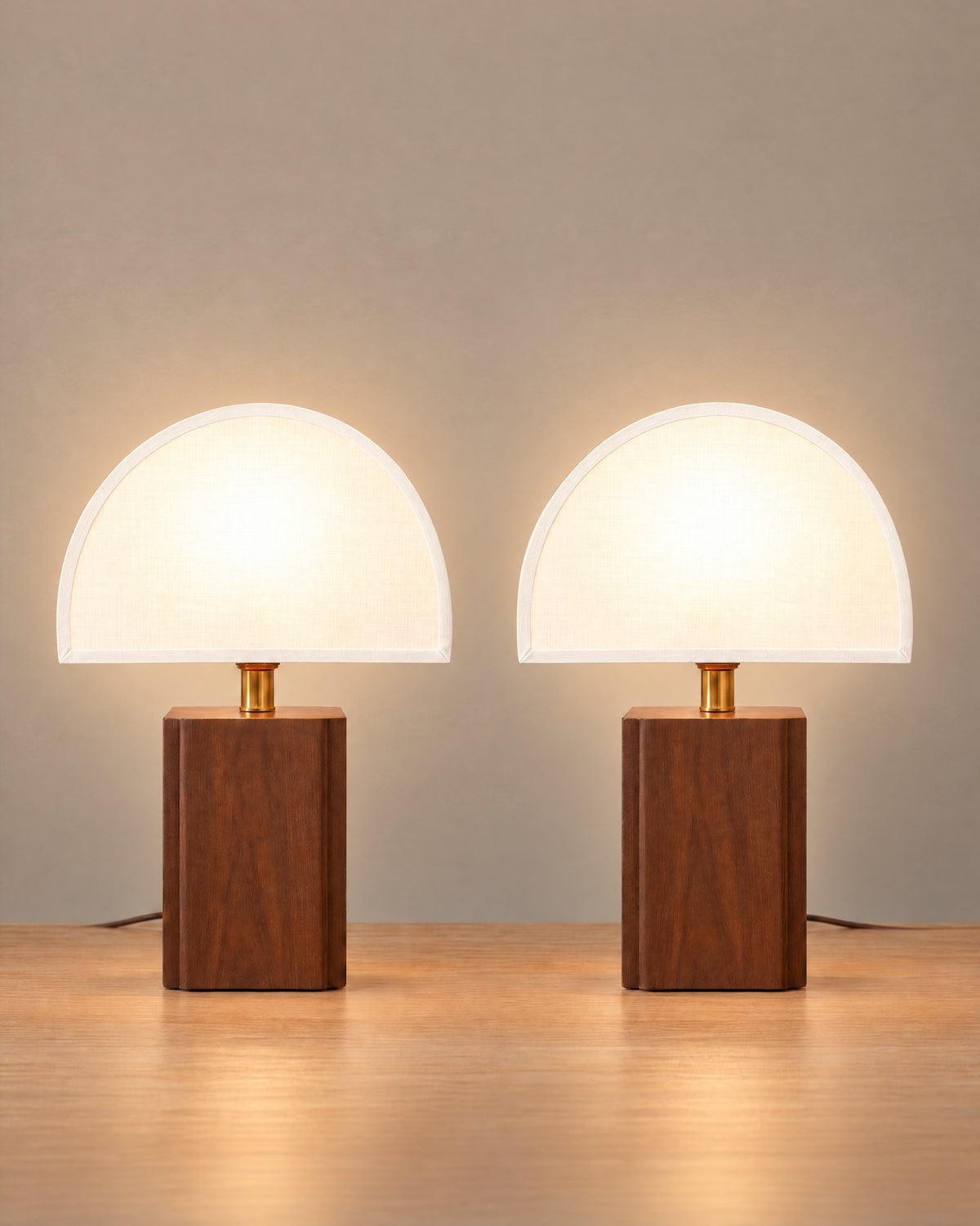 White: Halvo Half Dome Walnut Nightstand Lamp, Set of 2, both lamps switched on