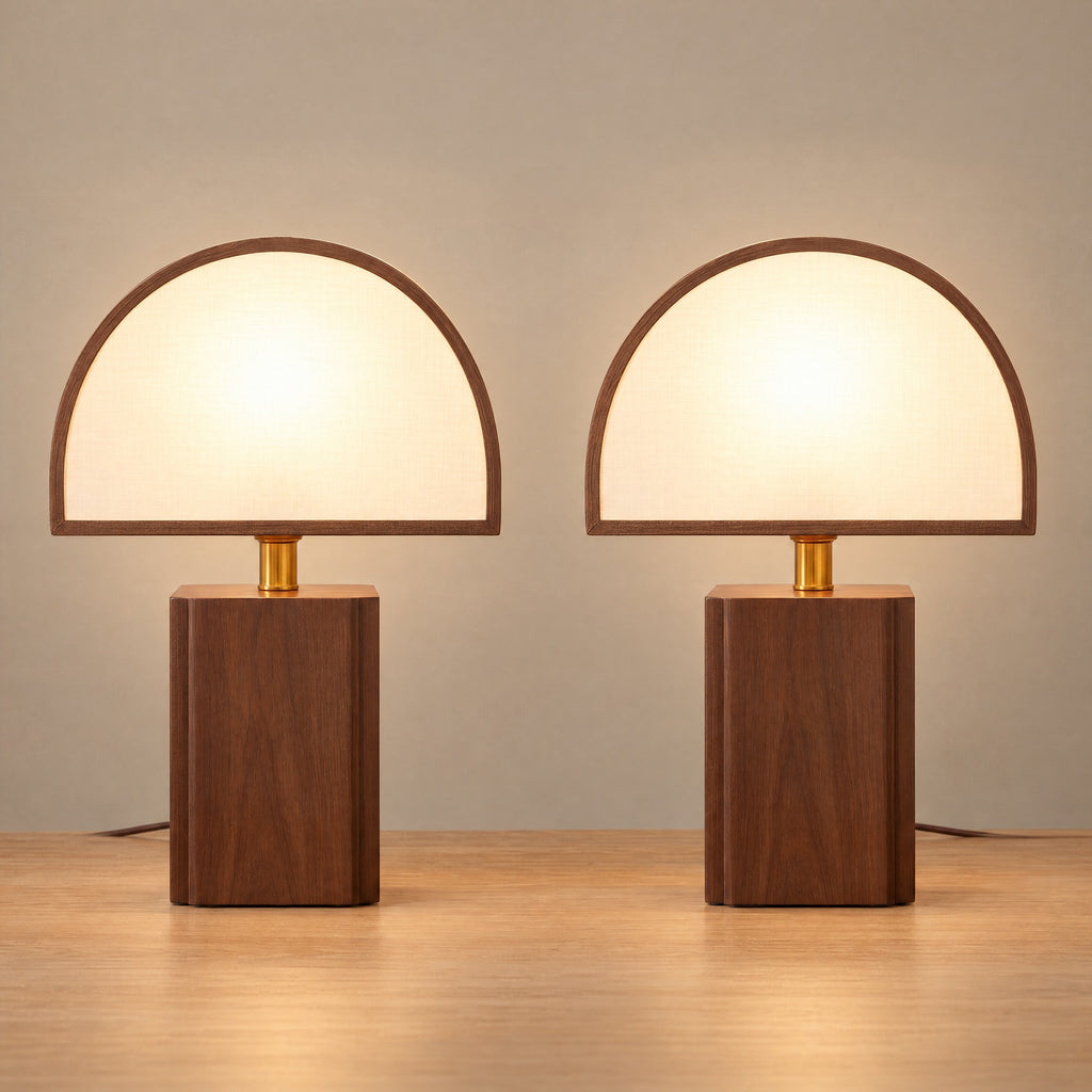 Halvo Half Dome Walnut Nightstand Lamp, Set of 2, both lamps switched on