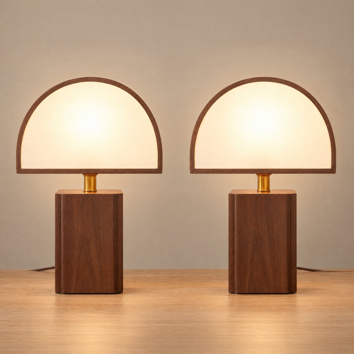Halvo Half Dome Walnut Nightstand Lamp, Set of 2, both lamps switched on