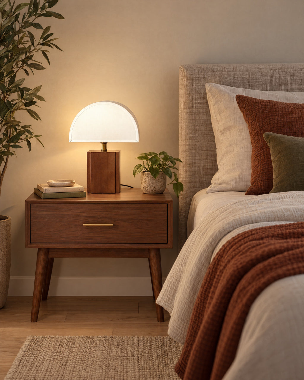 White Trim: Halvo Half Dome Walnut Nightstand Lamp in walnut / white trim in a styled bedroom at dusk