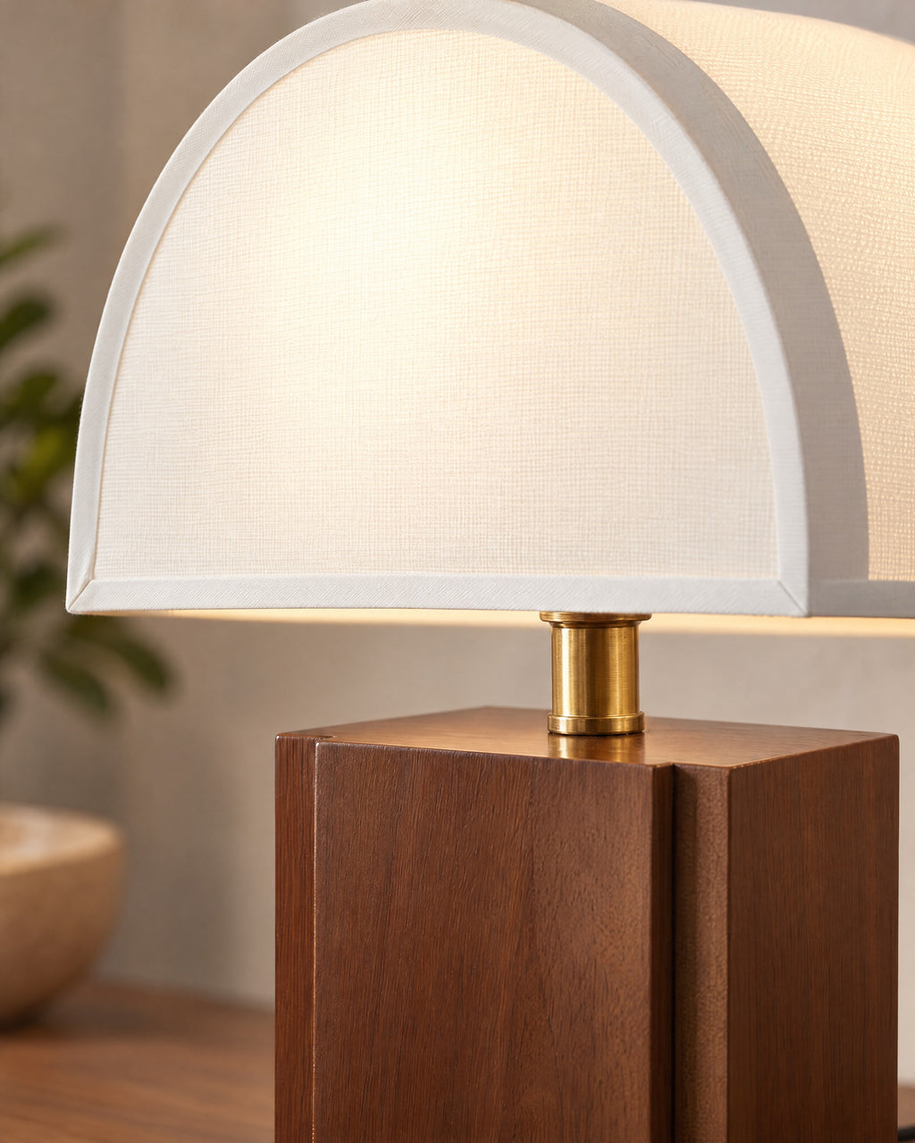 White Trim: Close-up of the walnut / white trim finish and hardware of the Halvo Half Dome Walnut Nightstand Lamp