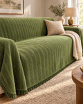 Green: Herringbone Chenille Tassels Sofa Cover, styled on a sofa