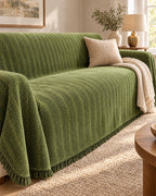 Green: Herringbone Chenille Tassels Sofa Cover, styled on a sofa