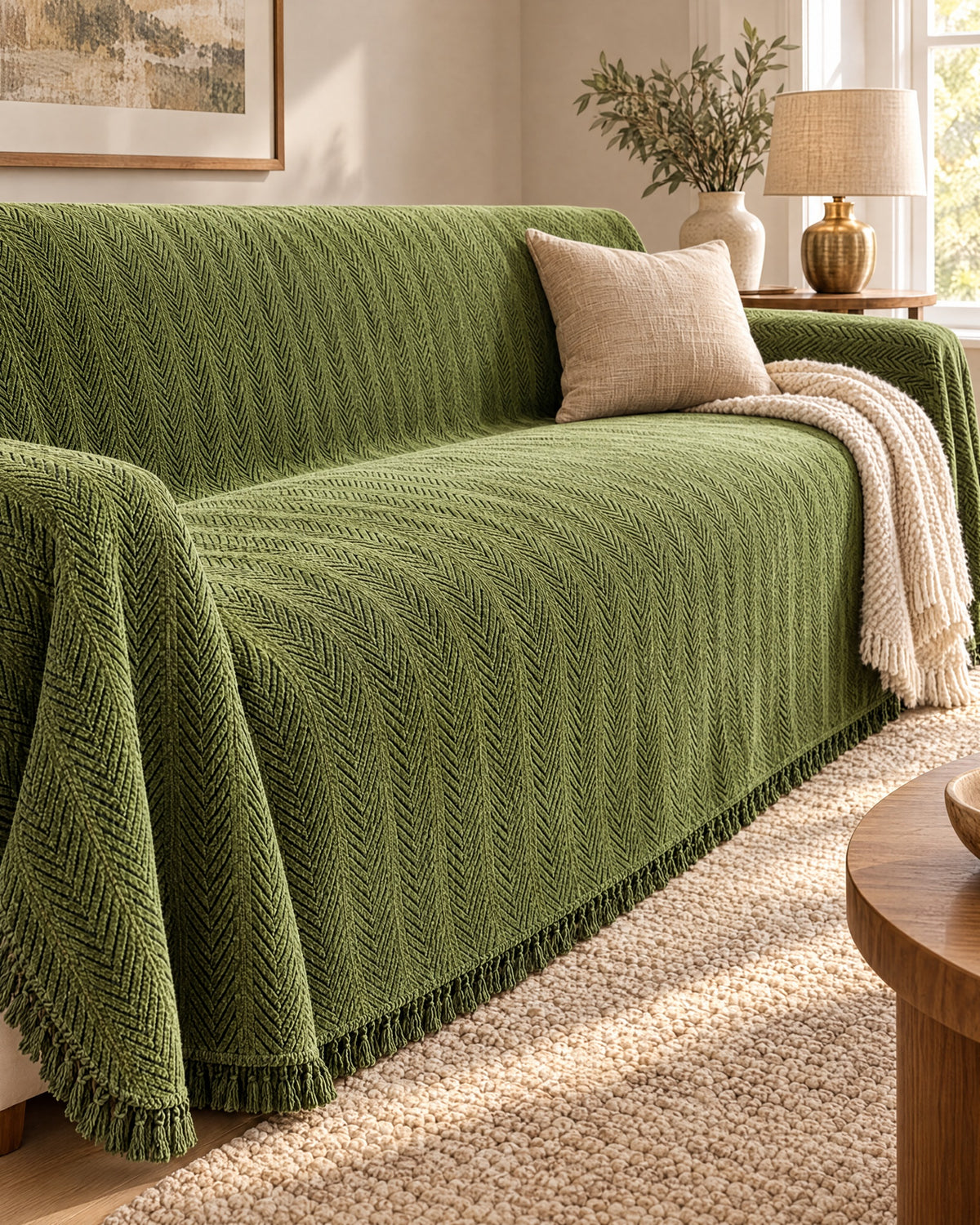 Green: Herringbone Chenille Tassels Sofa Cover, styled on a sofa