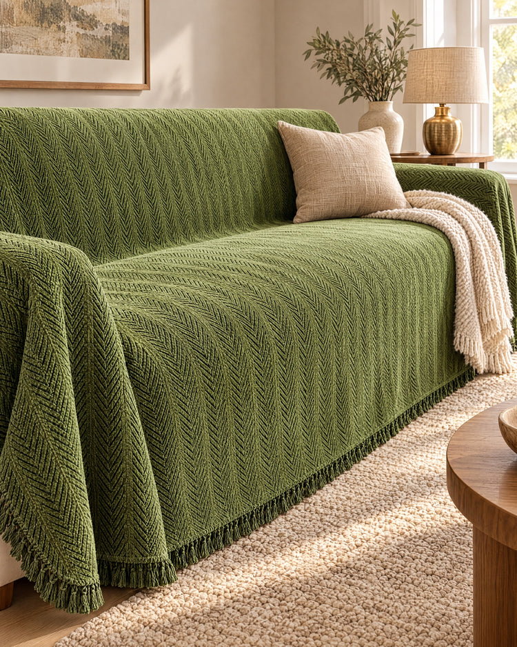 Green: Herringbone Chenille Tassels Sofa Cover, styled on a sofa