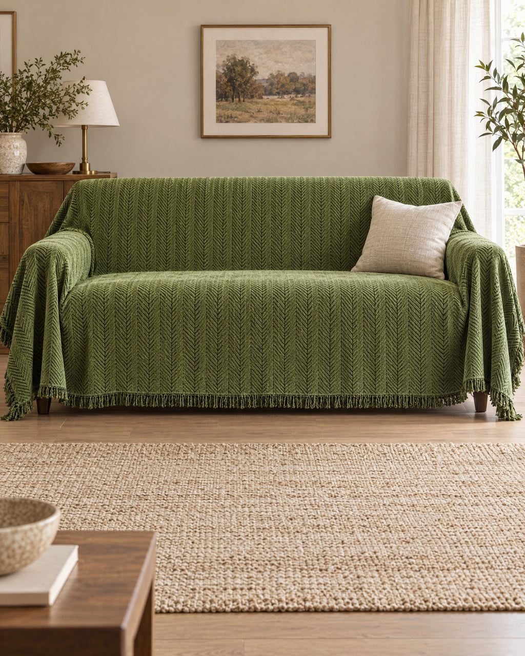 Green: Herringbone Chenille Tassels Sofa Cover shown on a full sofa