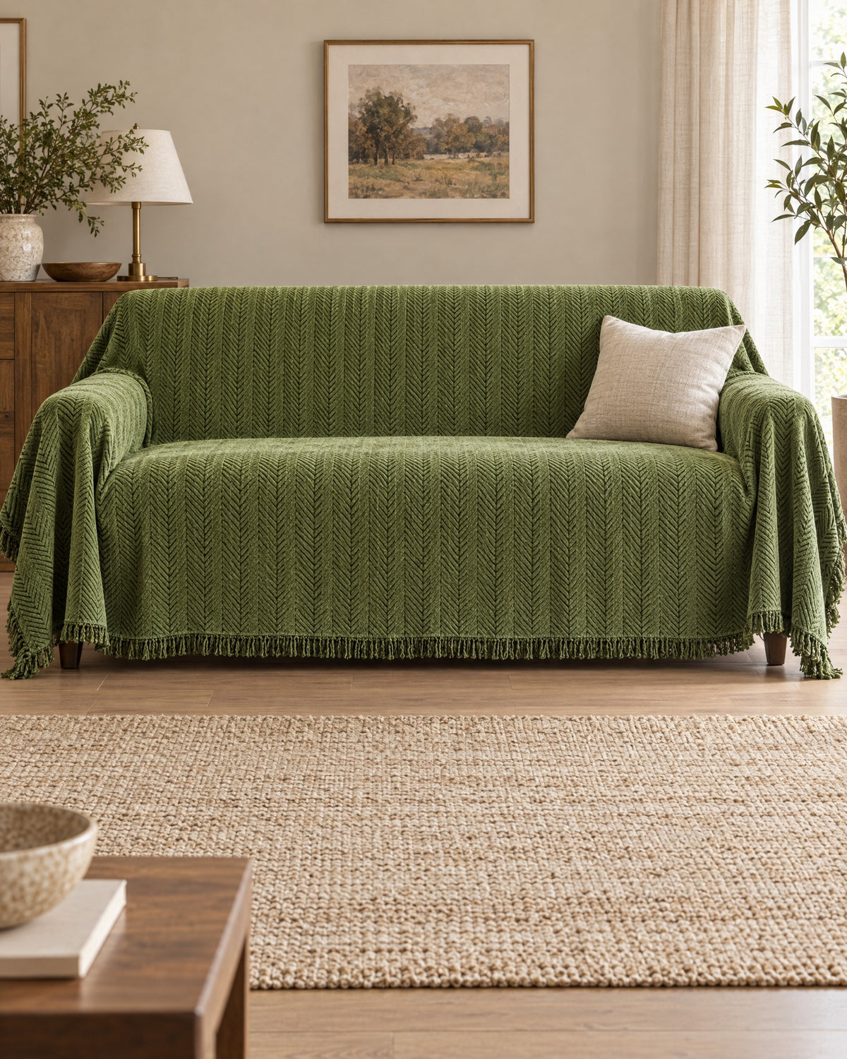 Green: Herringbone Chenille Tassels Sofa Cover shown on a full sofa