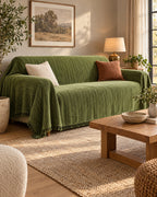 Green: Herringbone Chenille Tassels Sofa Cover in a warm living room