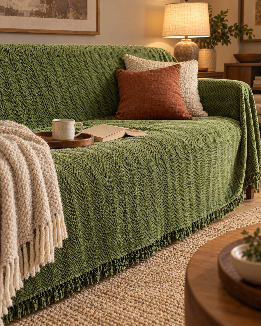 Green: Herringbone Chenille Tassels Sofa Cover on a cozy lived-in sofa