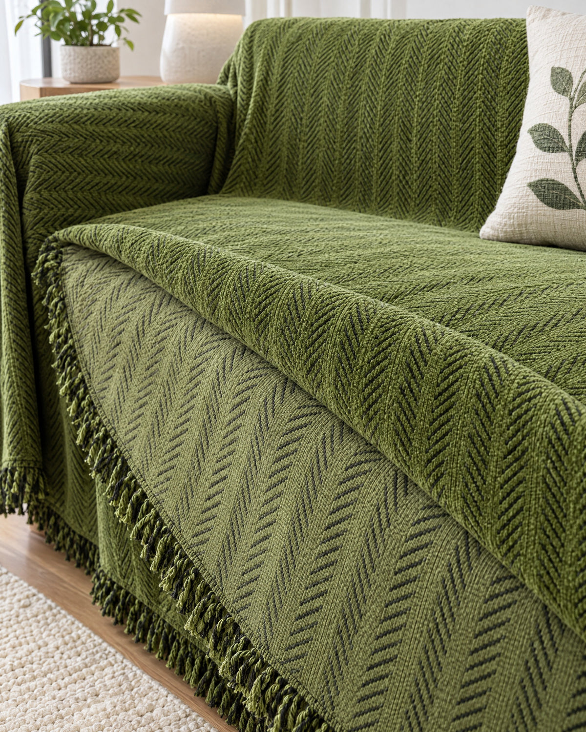 Green: The reverse side of the Herringbone Chenille Tassels Sofa Cover