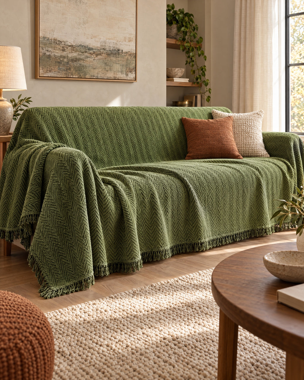 Green: The drape and fall of the Herringbone Chenille Tassels Sofa Cover