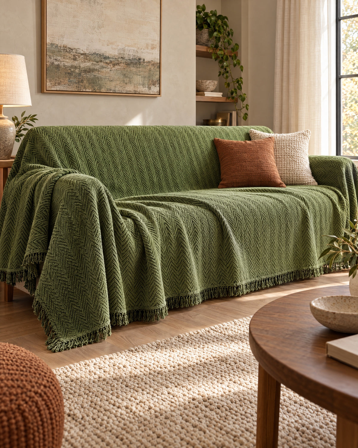 Green: The drape and fall of the Herringbone Chenille Tassels Sofa Cover