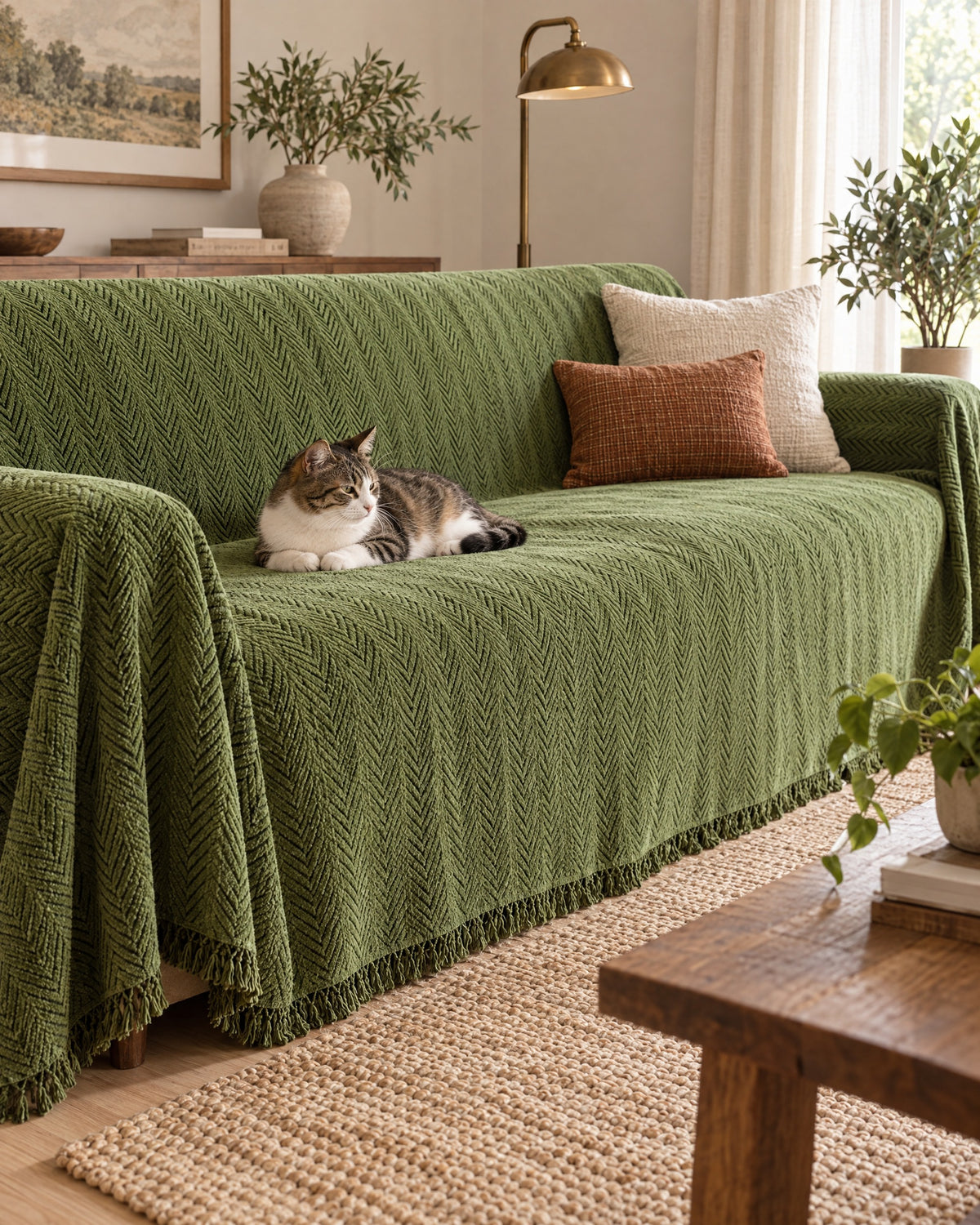 Green: A cat resting on the Herringbone Chenille Tassels Sofa Cover