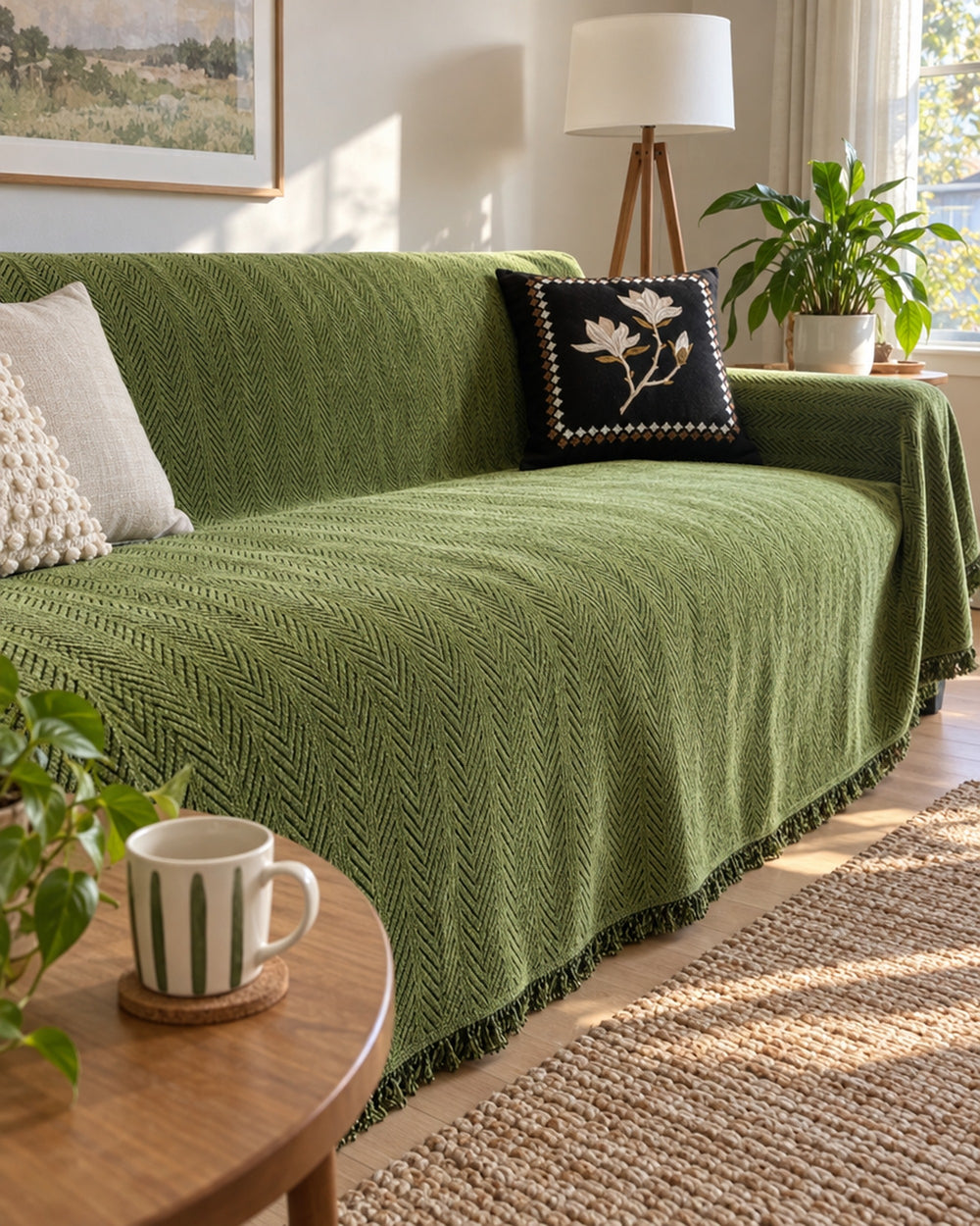 Herringbone Chenille Tassels Sofa Cover in a real home
