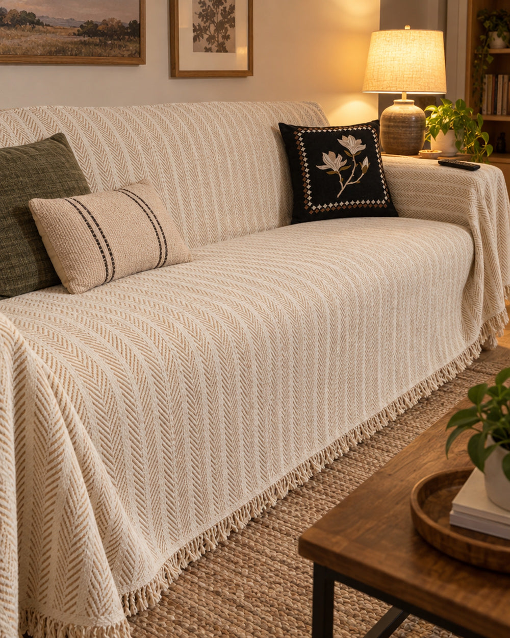 Herringbone Chenille Tassels Sofa Cover in a real home