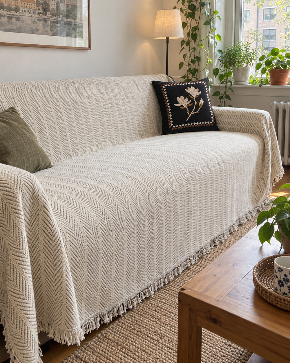 Herringbone Chenille Tassels Sofa Cover in a real home