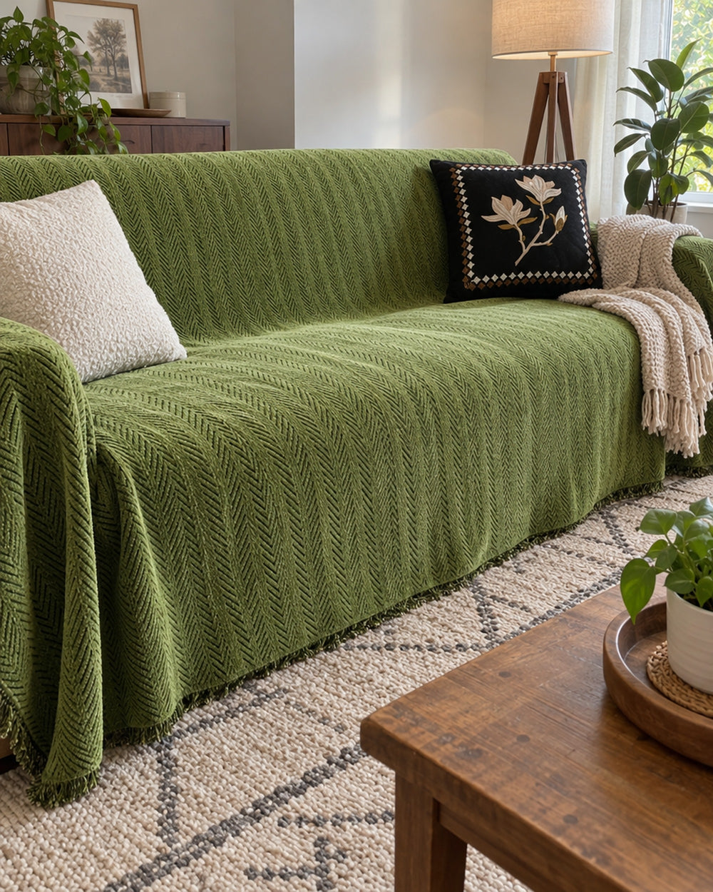 Herringbone Chenille Tassels Sofa Cover in a real home