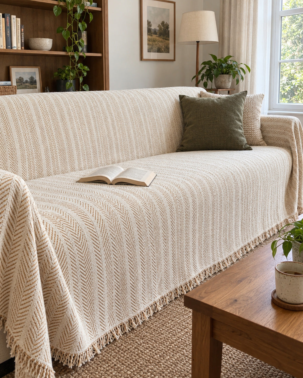 Herringbone Chenille Tassels Sofa Cover in a real home