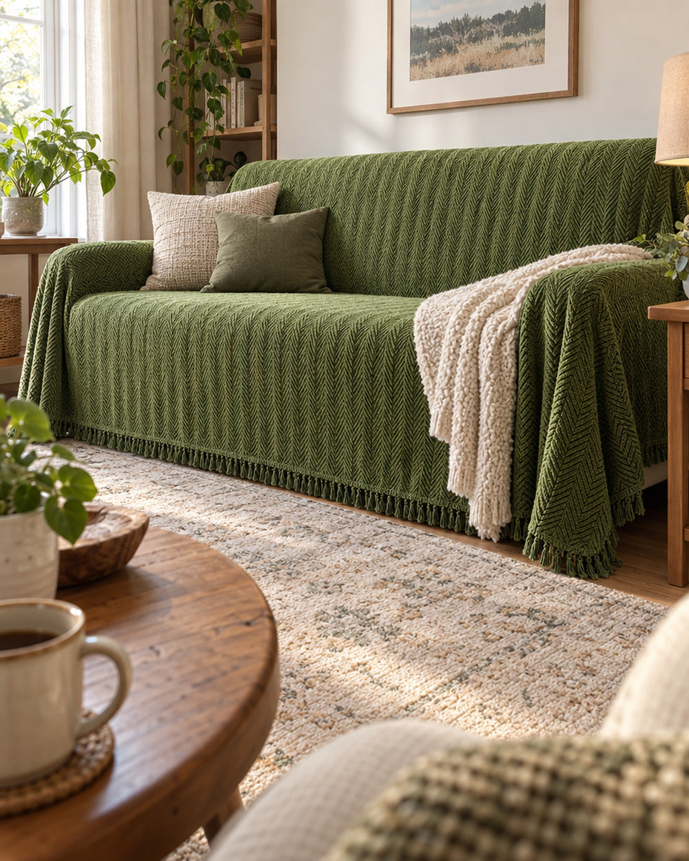 Herringbone Chenille Tassels Sofa Cover in a real home