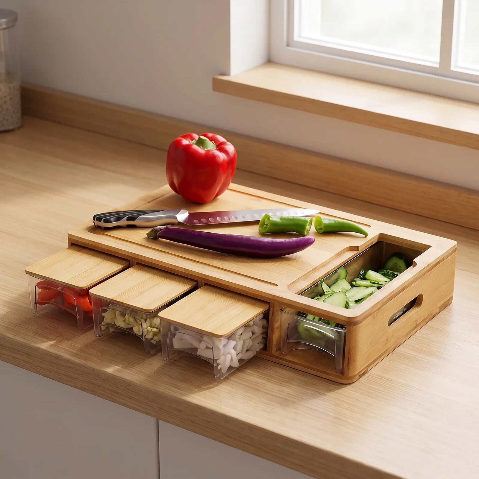 Bamboo Cutting Board with Storage Trays