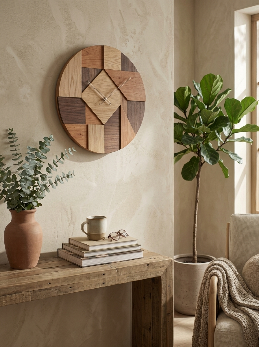 Warm neutral corner with a geometric wood wall piece above a rustic console table, a vase and a fig tree