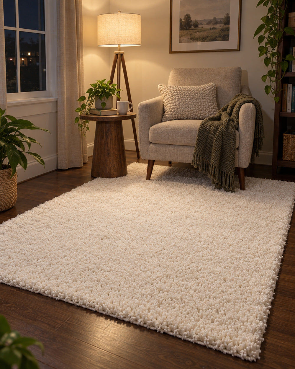Ivory Shag Area Rug in a real home