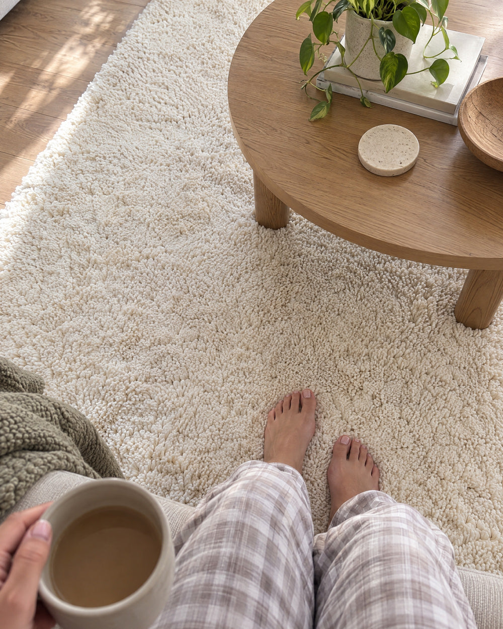 Ivory Shag Area Rug, 1.1 in Plush Pile in a real home, in use